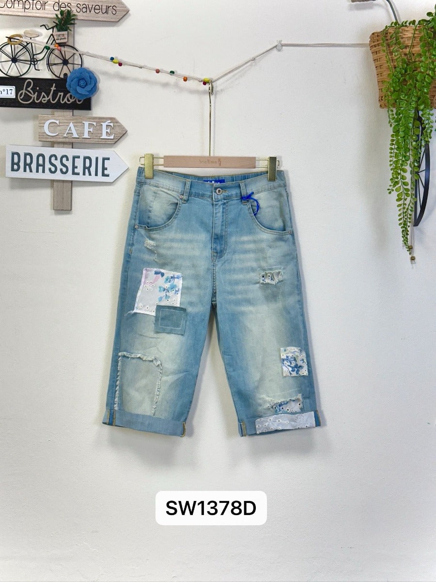 Sexy Women Capri Patch Flower Washed Blå