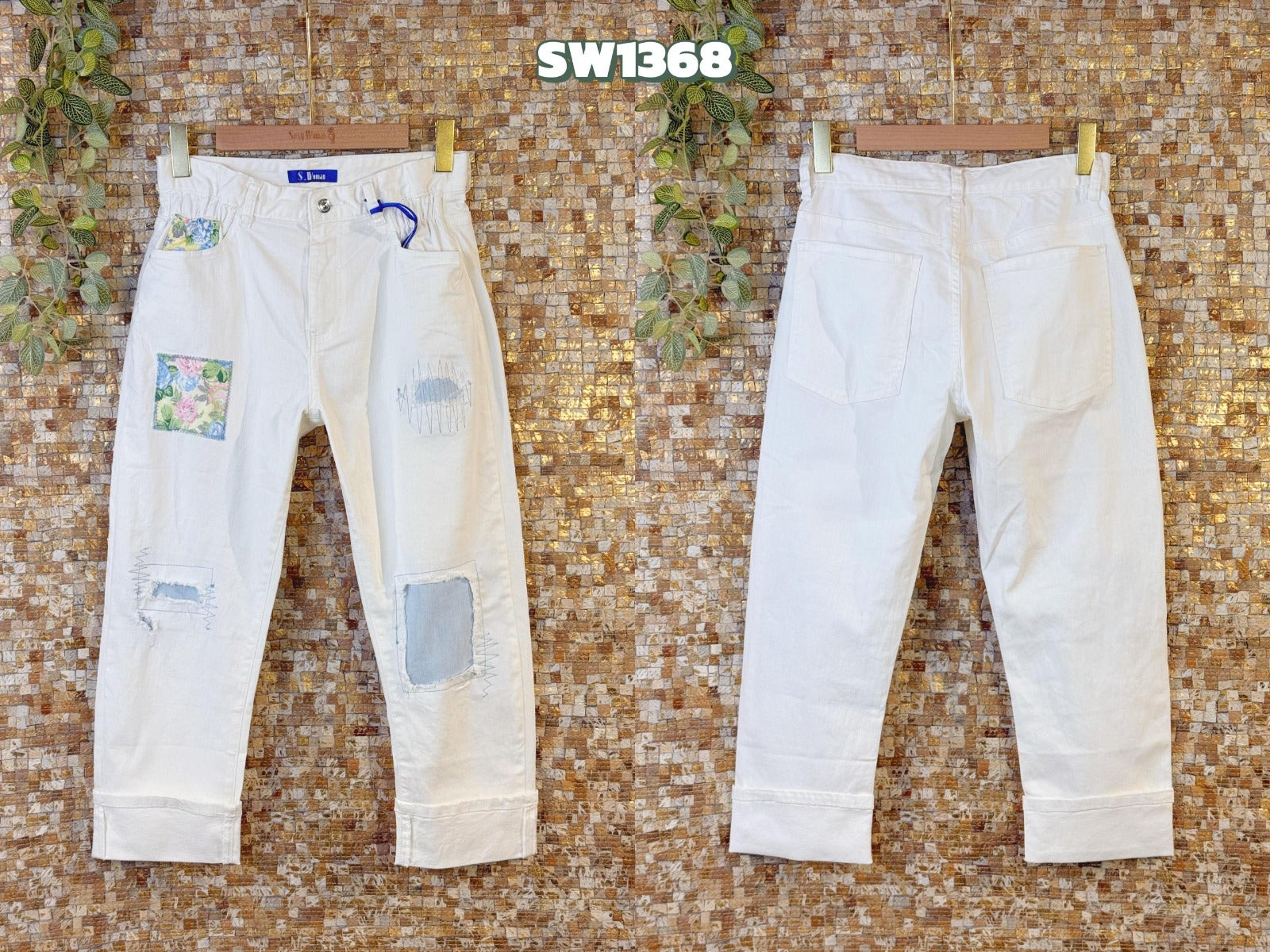 Sexy Women Jeans Flower Patch Hvid