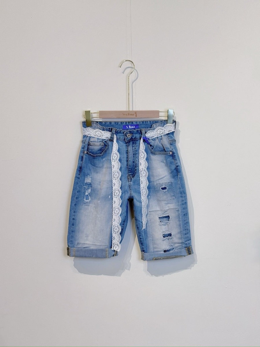 Sexy Woman Shorts Destroy Broderi Bånd Blå