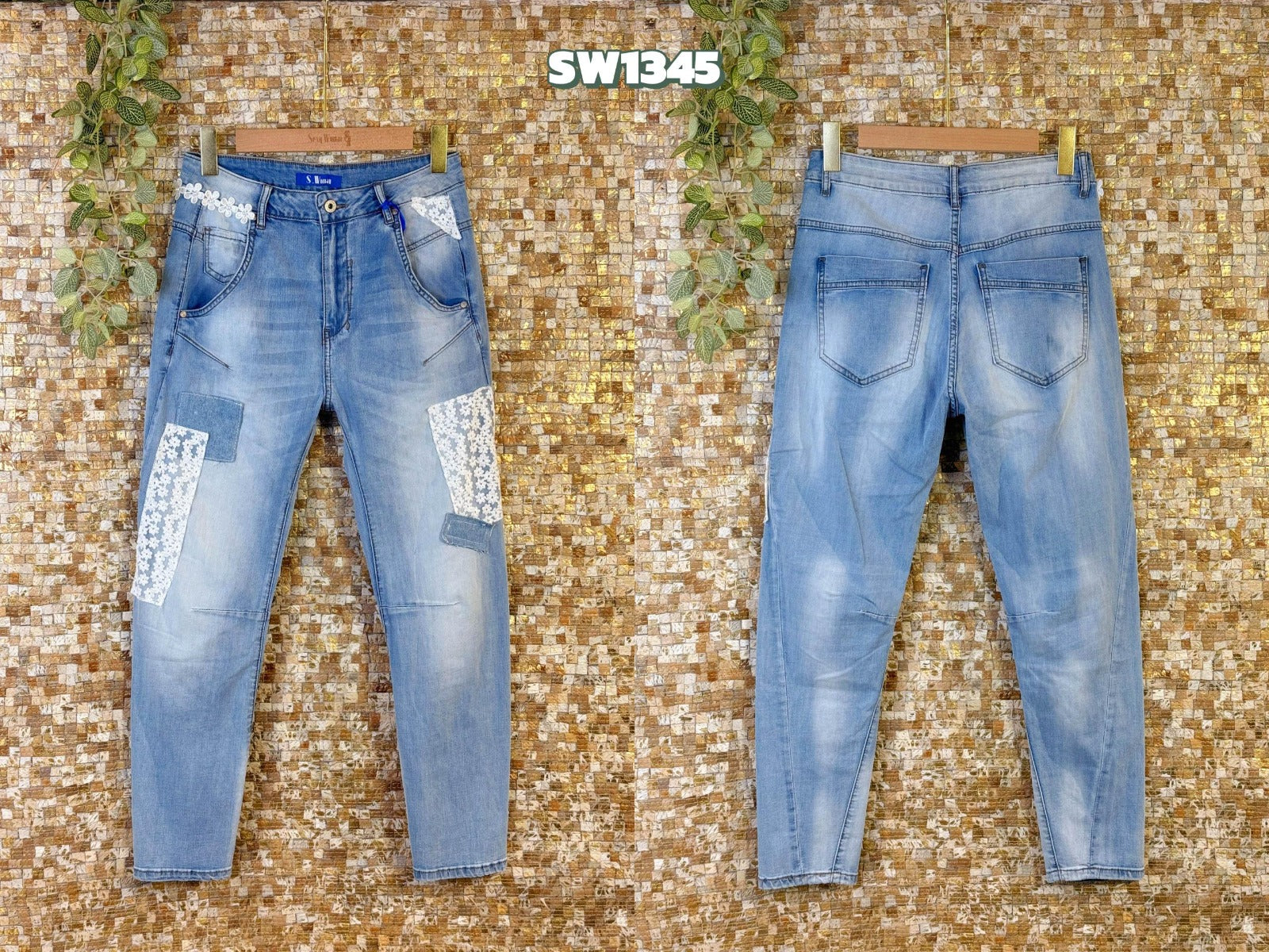 Sexy Woman Jeans Wash Patch Flower Blå