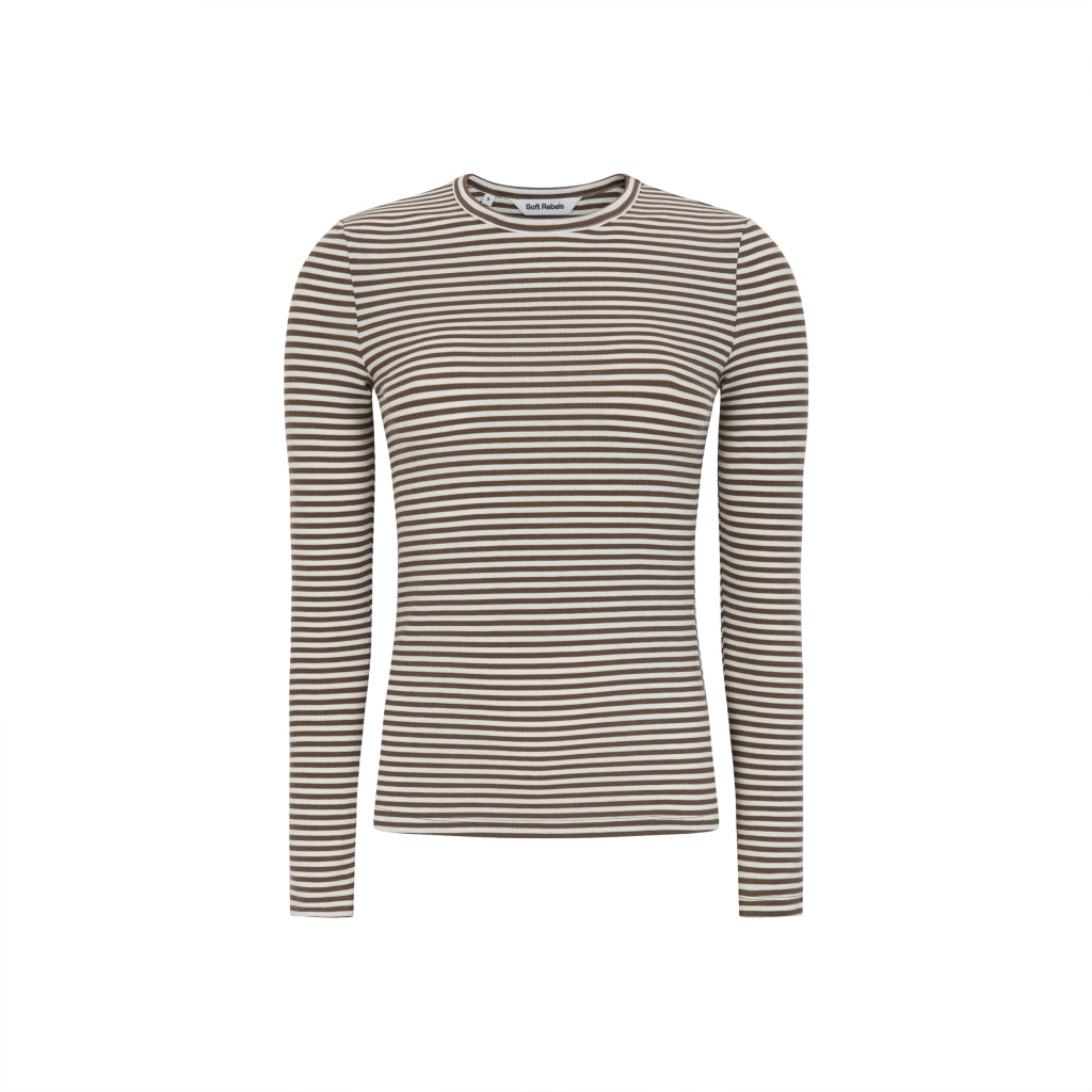 Soft Rebels Fenja O Neck Top Stripe Coffee Brun