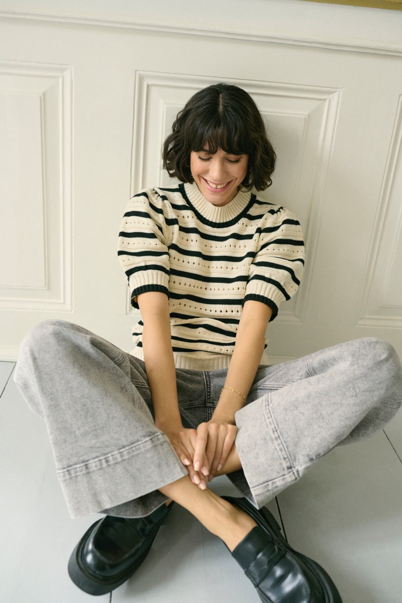 KAFFE Evelyn Strik Pullover Stribet Turtledove Creme Sort