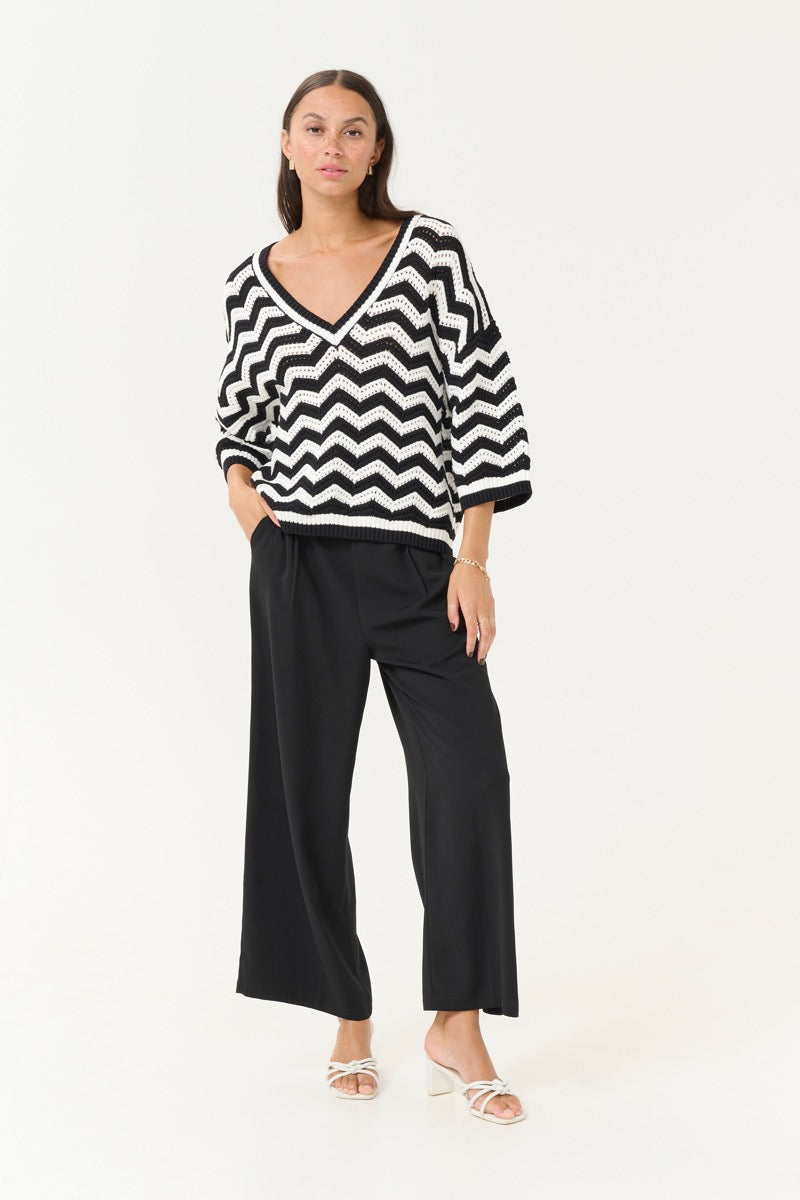 Kaffe Laina Pullover Zig Zag Sort Kalk Hvid