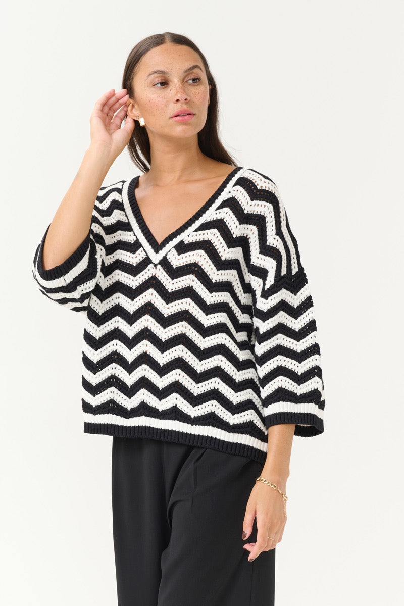 Kaffe Laina Pullover Zig Zag Sort Kalk Hvid