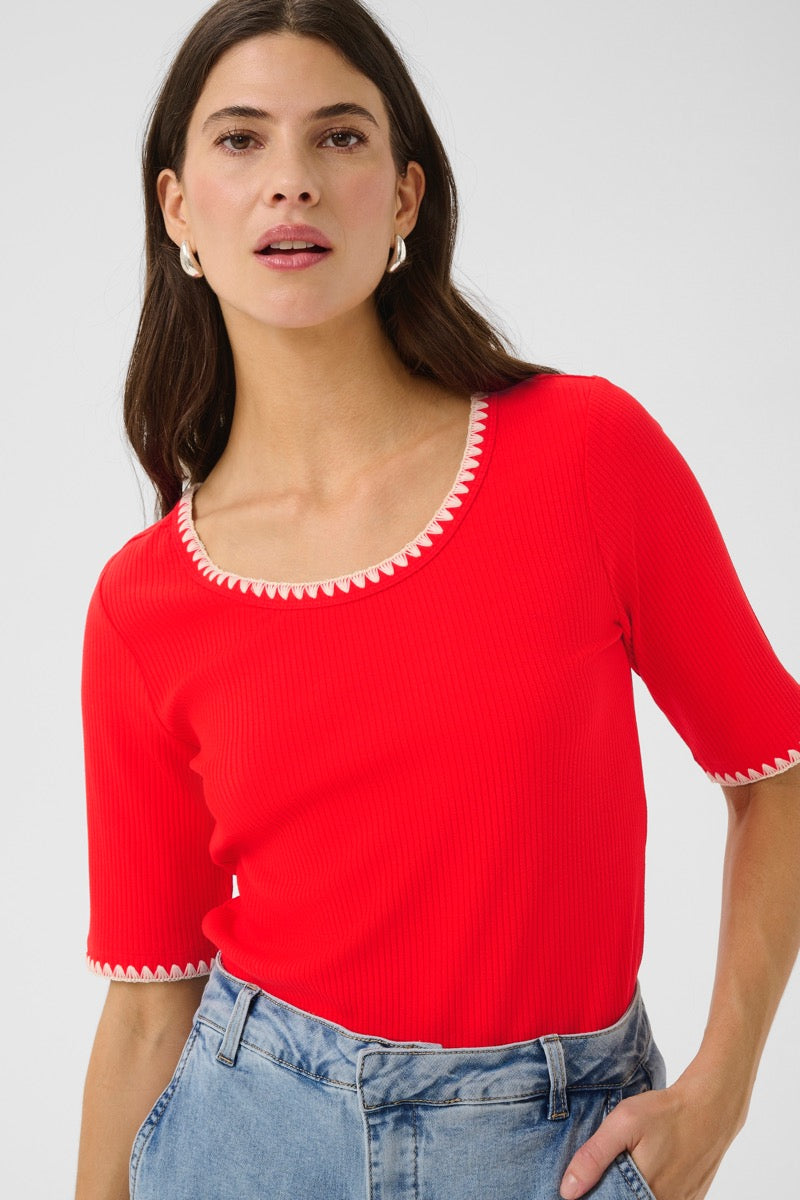 Cream Ribba T-shirt Stitched Flame Scarlet Rød