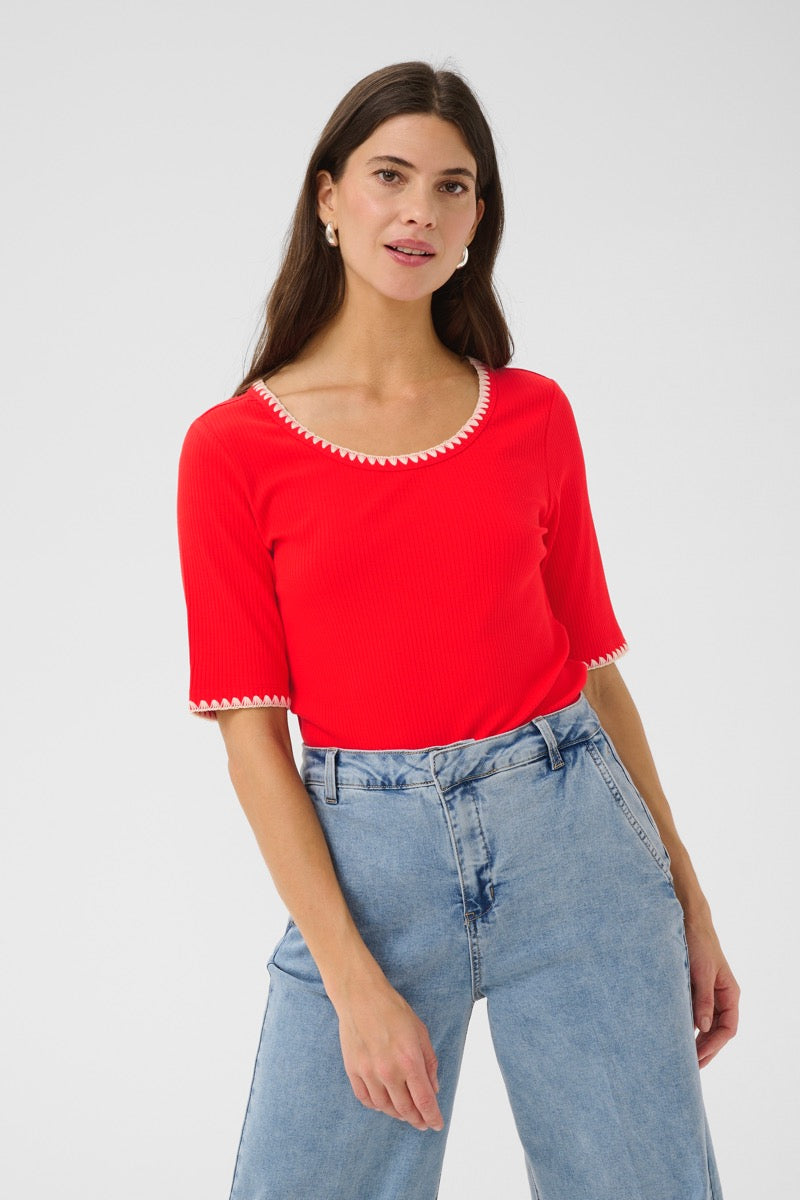 Cream Ribba T-shirt Stitched Flame Scarlet Rød