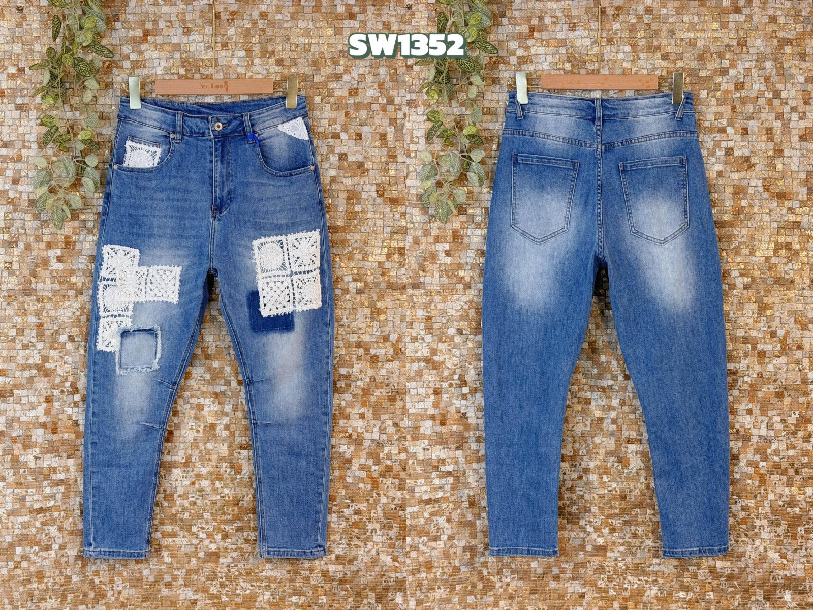 Sexy Woman Jeans Patch Denim Blå