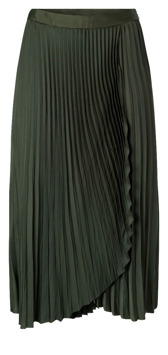 YAYA Satin faux wrapped skirt w pleats Deep Dark Woods