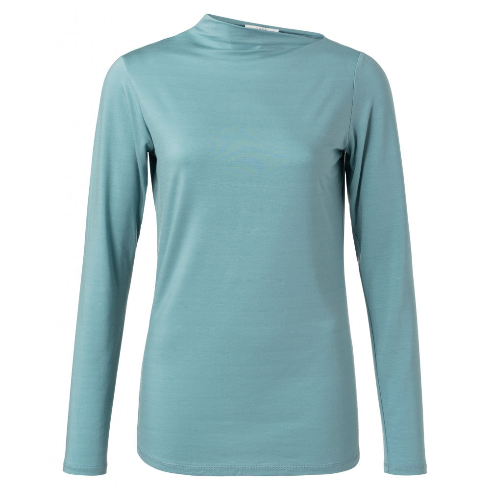 YAYA Long Sleeve  Blouse w Slanted Neckline Rain Sky