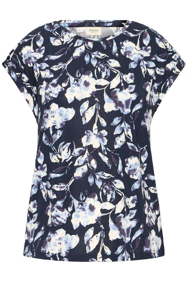 Fransa Seen T-shirt Blomstret Small Nightsky Blå