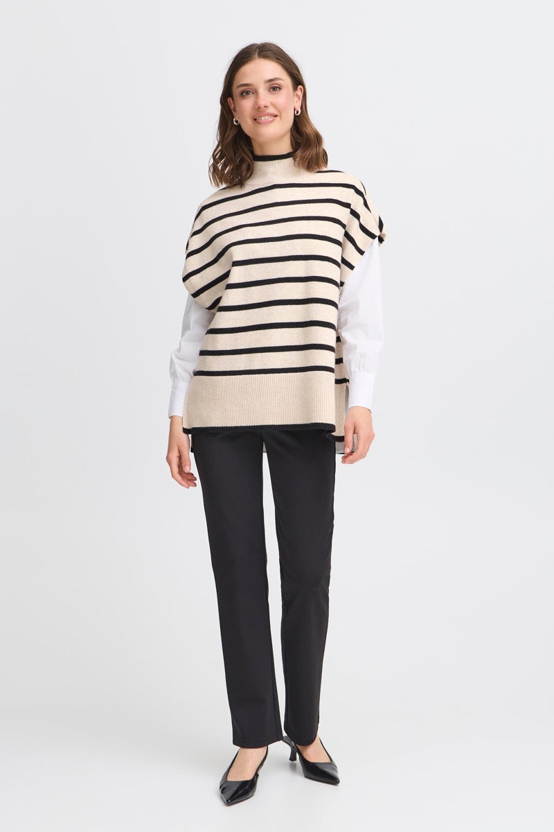 Fransa Bitte Strik Poncho 1 Stribet Limestone Hvid Sort