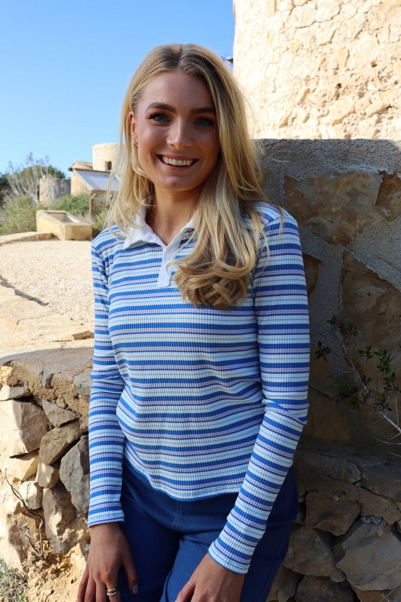 Liberte Natalia LS Polo Bluse Blå Hvid Rosa Stribet