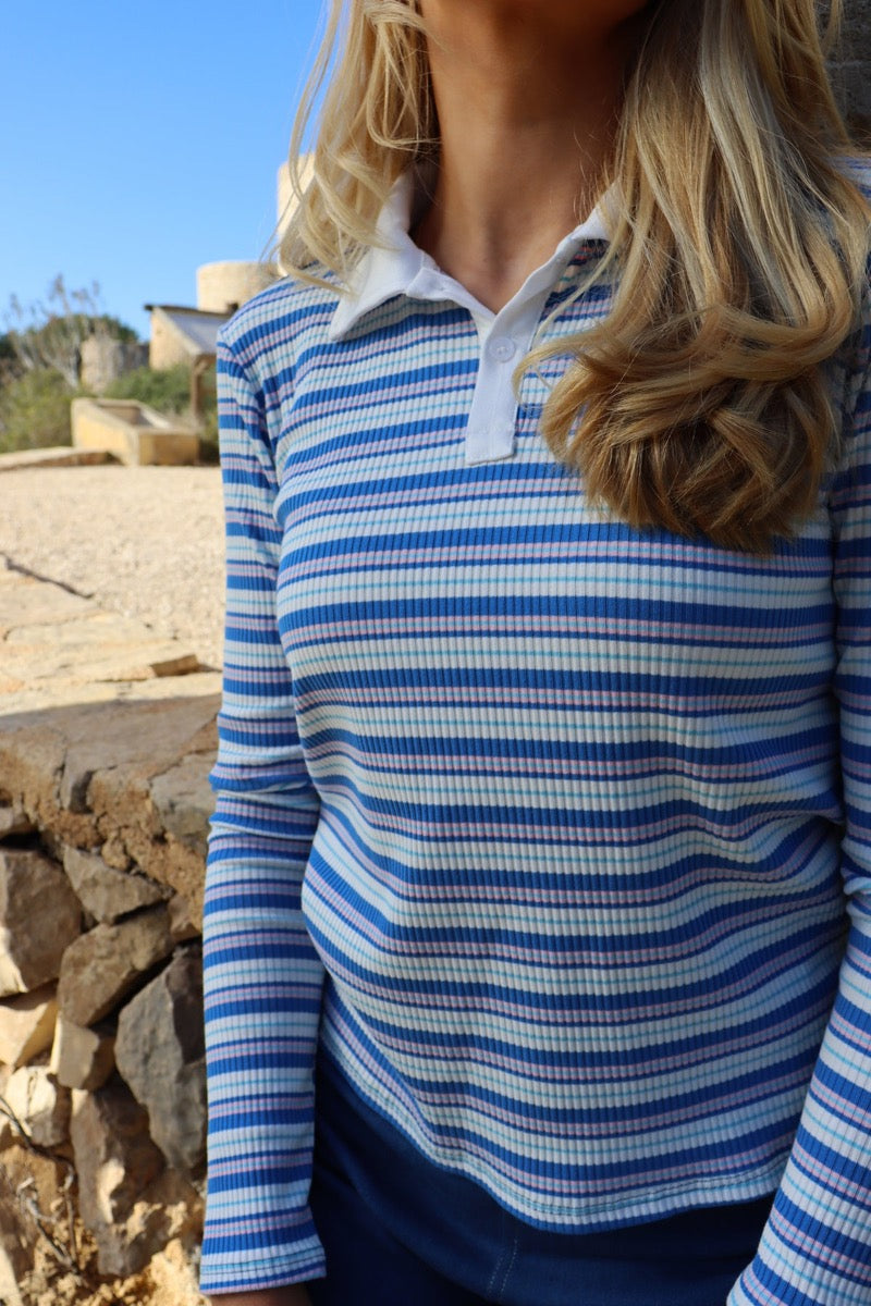 Liberte Natalia LS Polo Bluse Blå Hvid Rosa Stribet