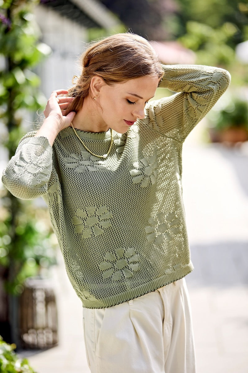 Skovhuus Openwork Flower Pullover Laurel Grøn