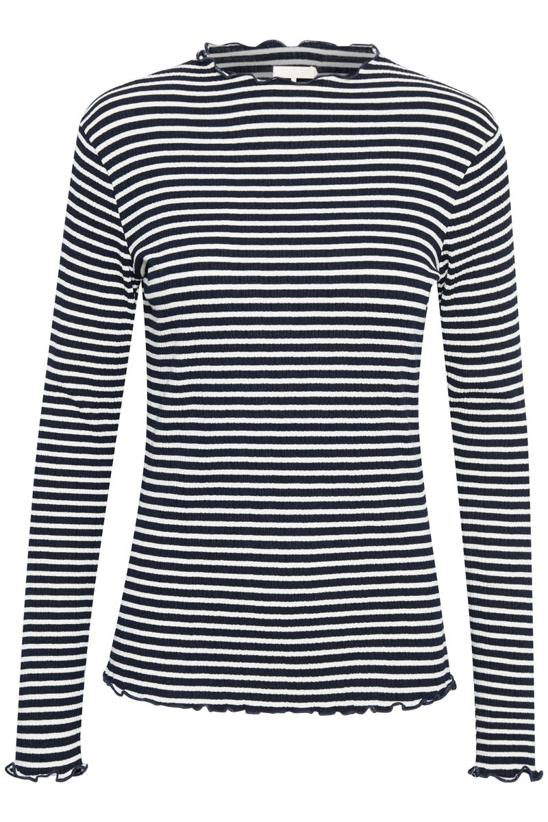 Karen By Simonsen Candace T-shirt Langærmet Stribet Night Sky Blå Egret Hvid