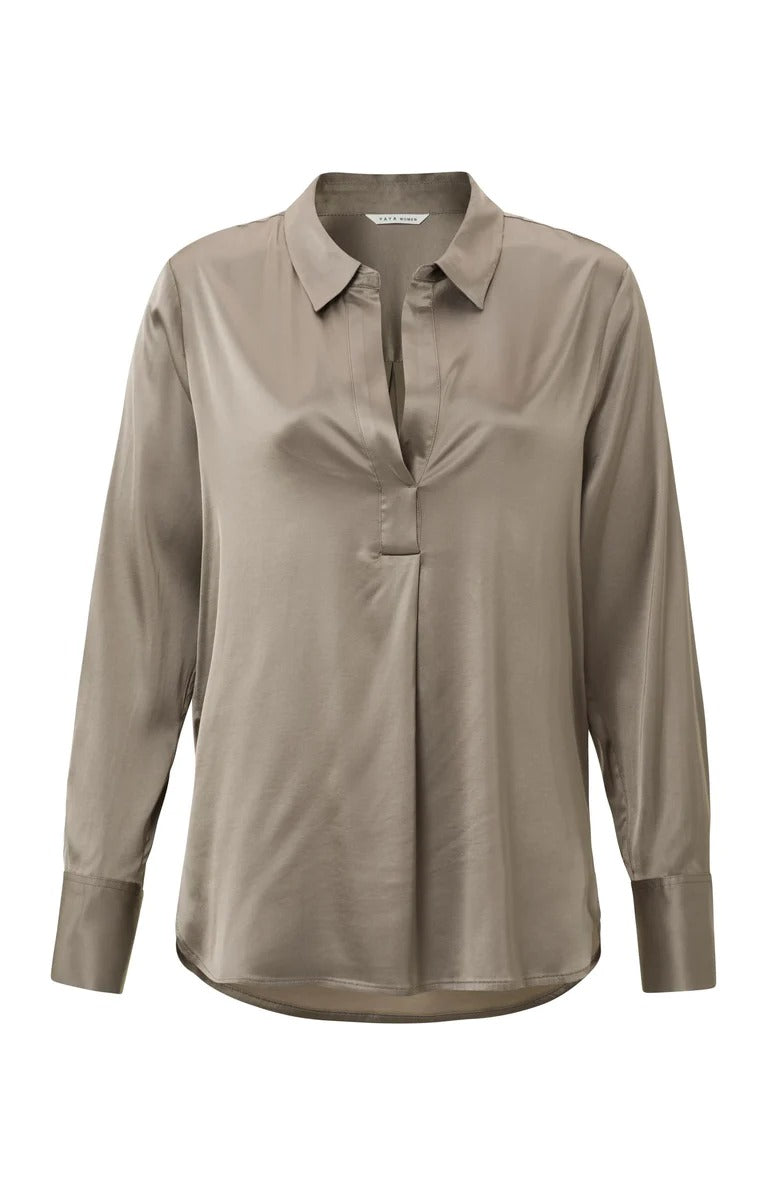 YAYA Satin Tunica Top V Neck Fungi Brun