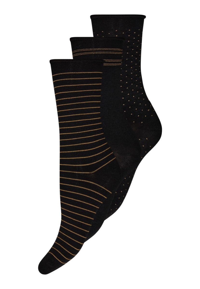 DECOY Ankel Strømper Bambus 3 pack Stribet Sort Guld