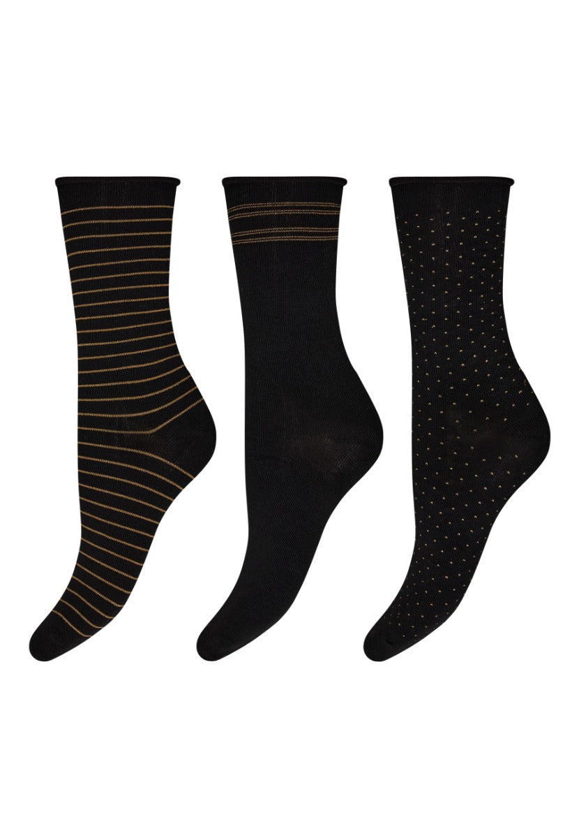 DECOY Ankel Strømper Bambus 3 pack Stribet Sort Guld