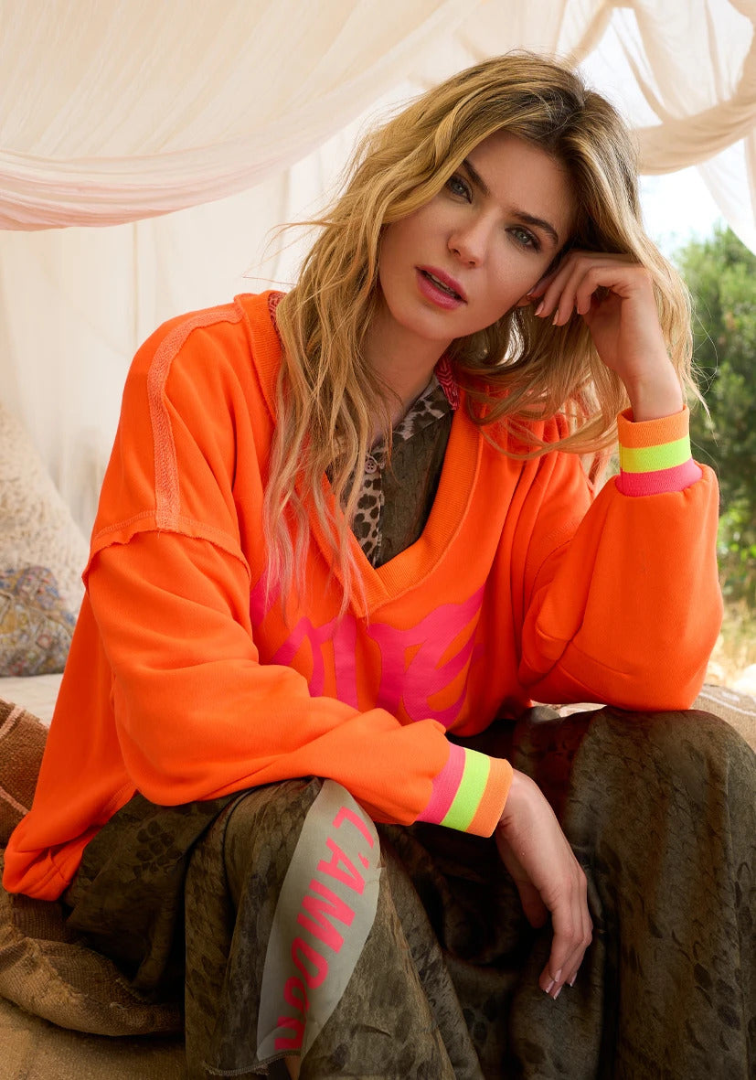 MISS GOODLIFE Sweatshirt V-Neck Wide Love Happiness Neon Orange Pink