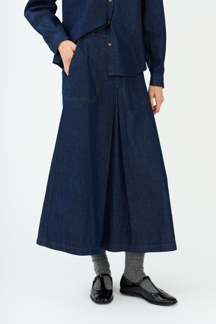 Pieszak PD Harper Nederdel Chambrey Pleat Rinse Denim Blå