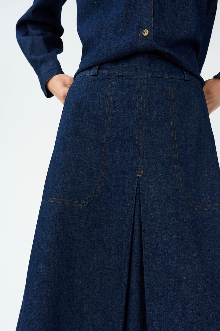 Pieszak PD Harper Nederdel Chambrey Pleat Rinse Denim Blå