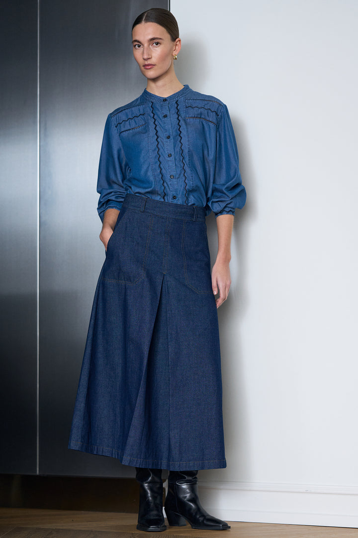 Pieszak PD Harper Nederdel Chambrey Pleat Rinse Denim Blå