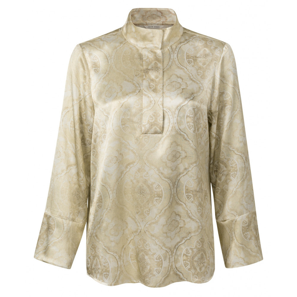 YAYA Printed alf placket long sleeve top Brown Rice Soft Sand