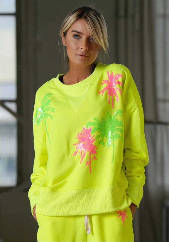 MISS GOODLIFE Roundneck Sweatshirt Palmtree Pailette Neongul