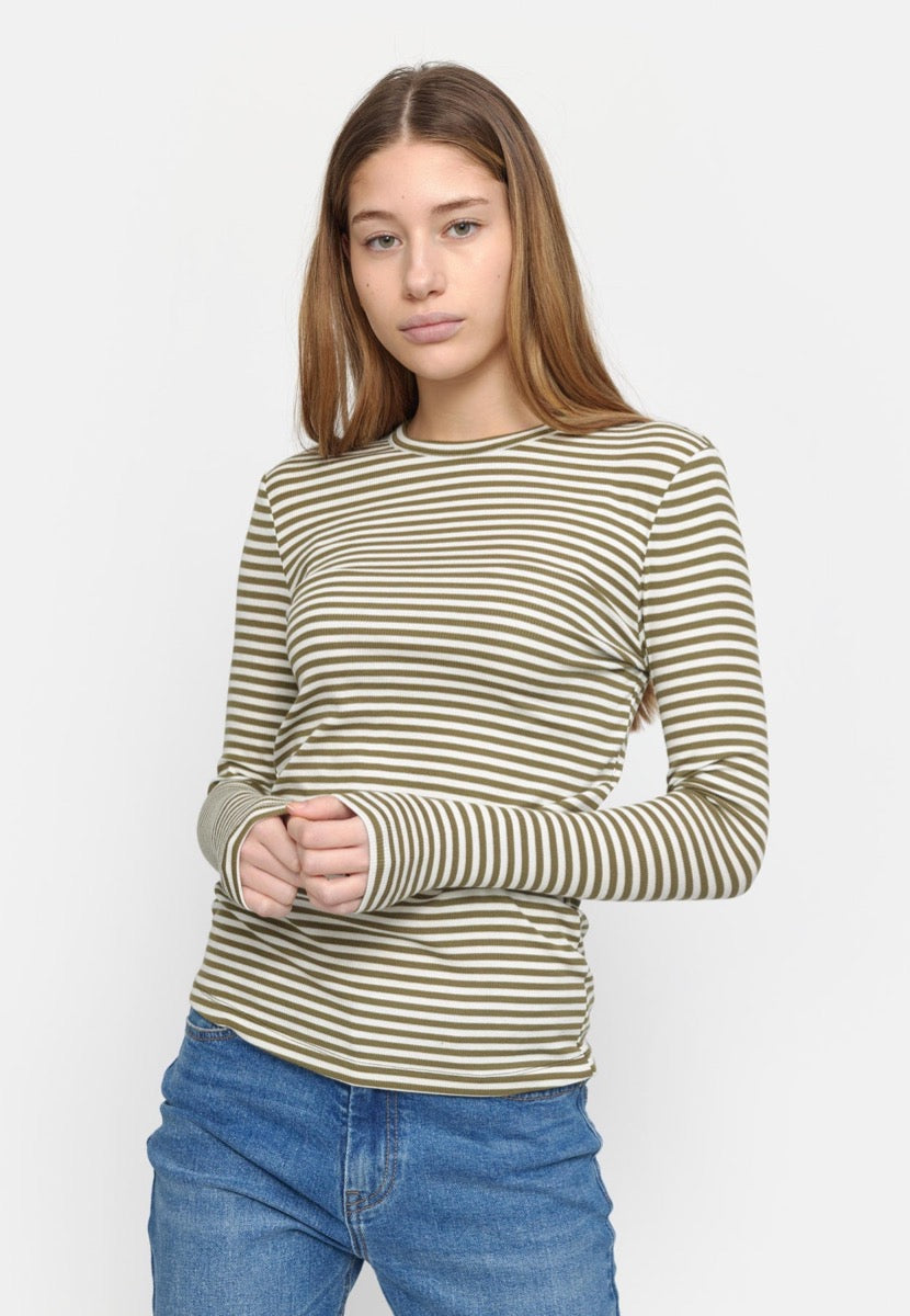 Soft Rebels Fenja Top Stribet O-Neck Martini Oliven Grøn