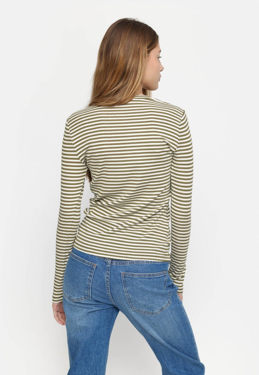 Soft Rebels Fenja Top Stribet O-Neck Martini Oliven Grøn