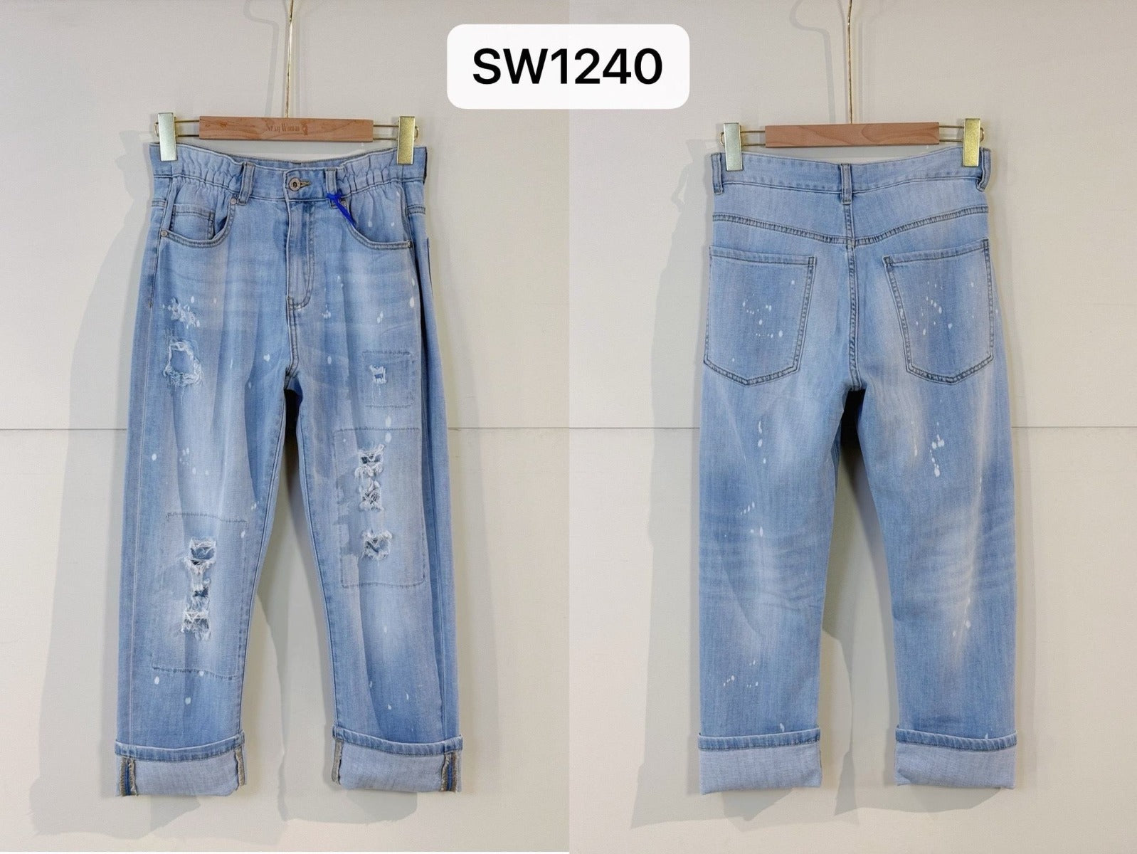 Sexy Woman Jeans Knee Destroy Denim Blå