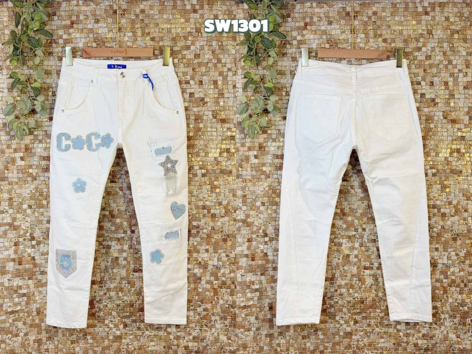 Sexy Woman Jeans Badges In Stone Hvid
