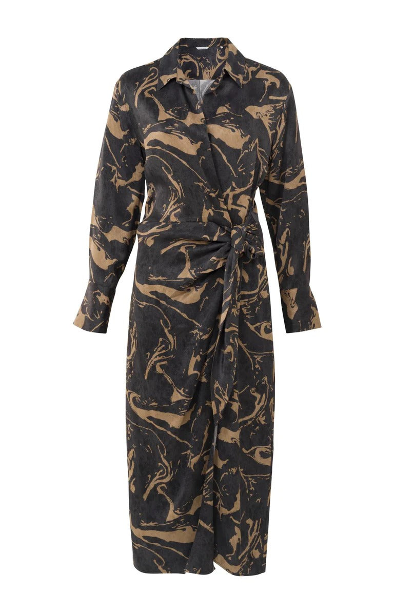 YAYA Kjole Midi V Neck Phantom Sort Print