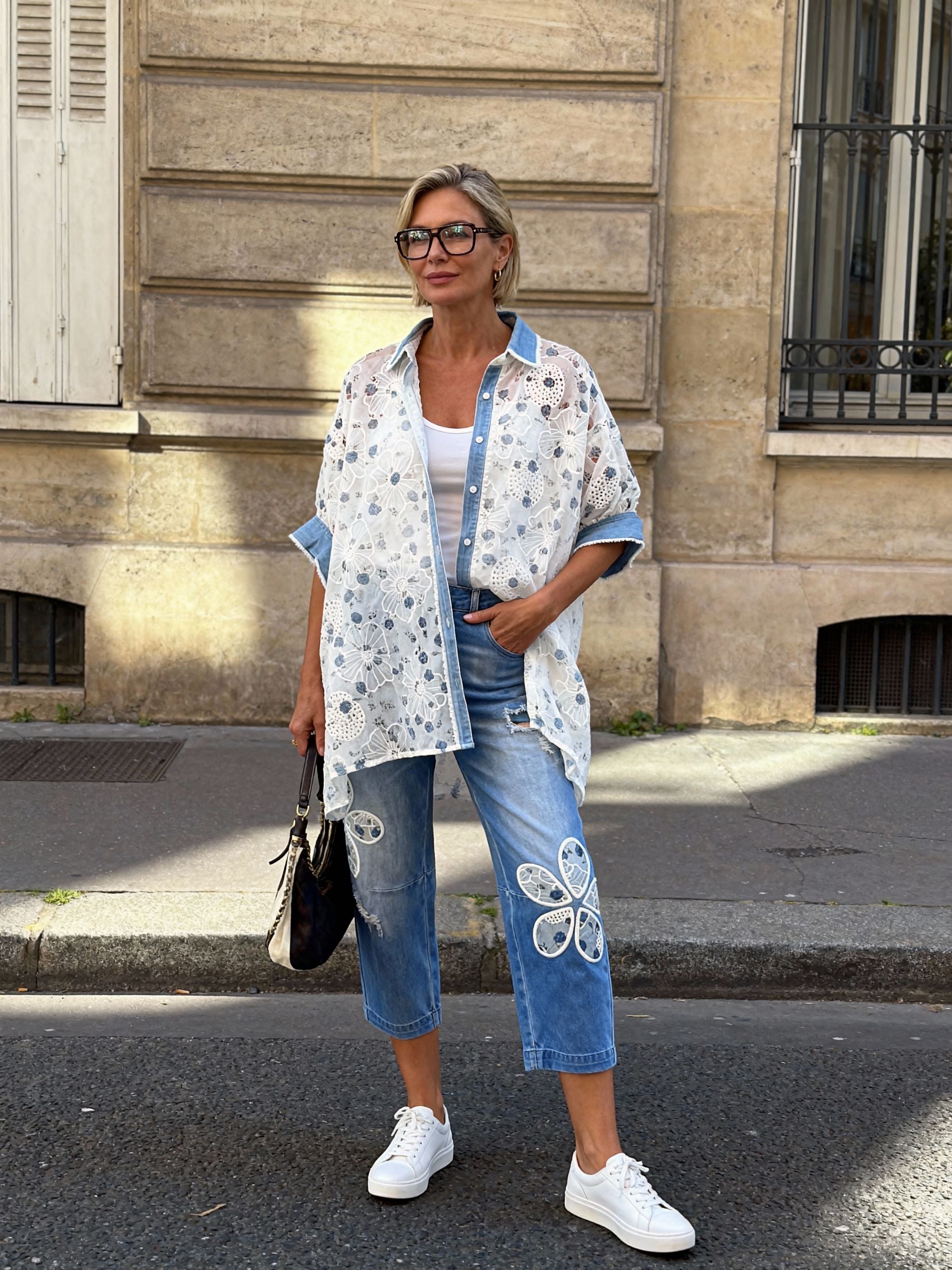 Sexy Woman Skjorte Cami Blomster Hvid Blå