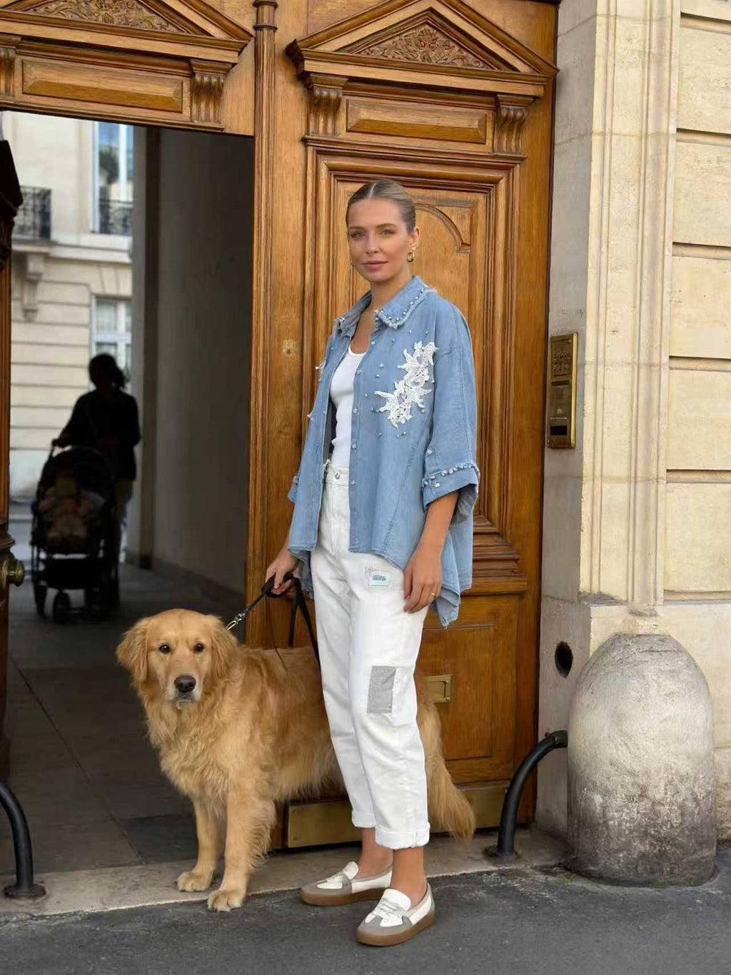 Sexy Woman Skjorte Bryst Broderi Denim Blå