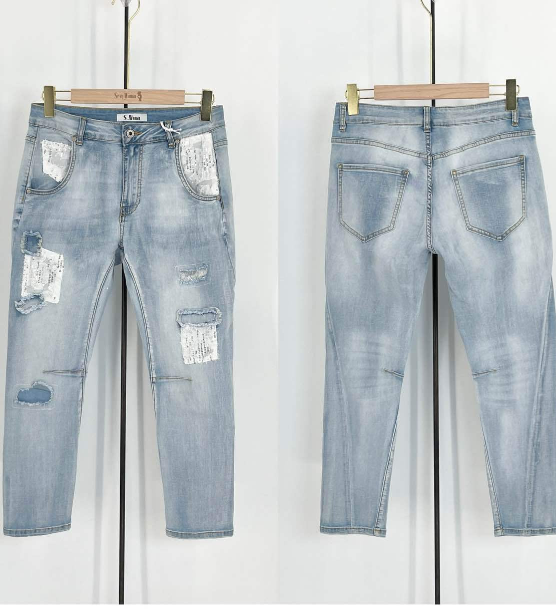 Sexy Woman Jeans Repaire 4 Badge Lys Blå