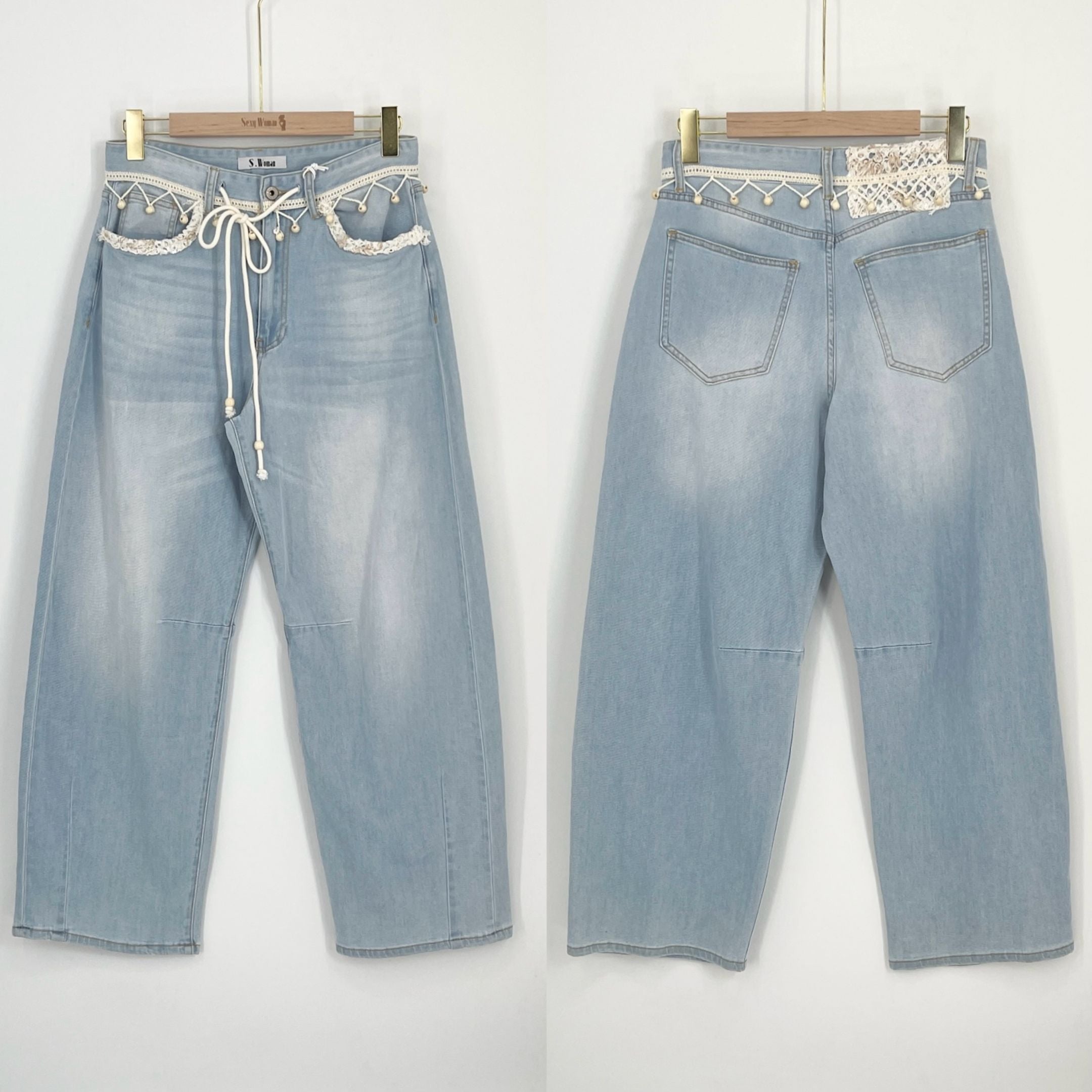 Sexy Woman Jeans Snørre Broderi Lys Blå