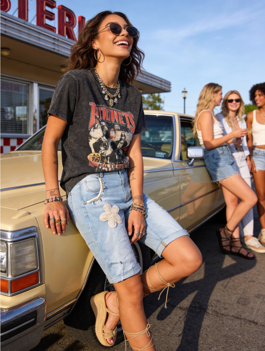 Sexy Woman Donna Shorts Blomst Denim Blå