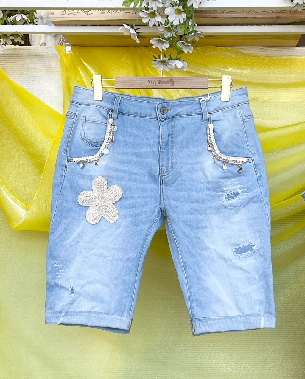 Sexy Woman Donna Shorts Blomst Denim Blå