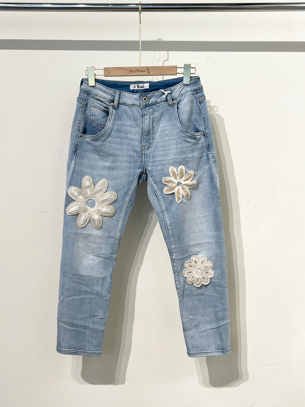 Sexy Woman Donna Jeans Flowers Denim Blå