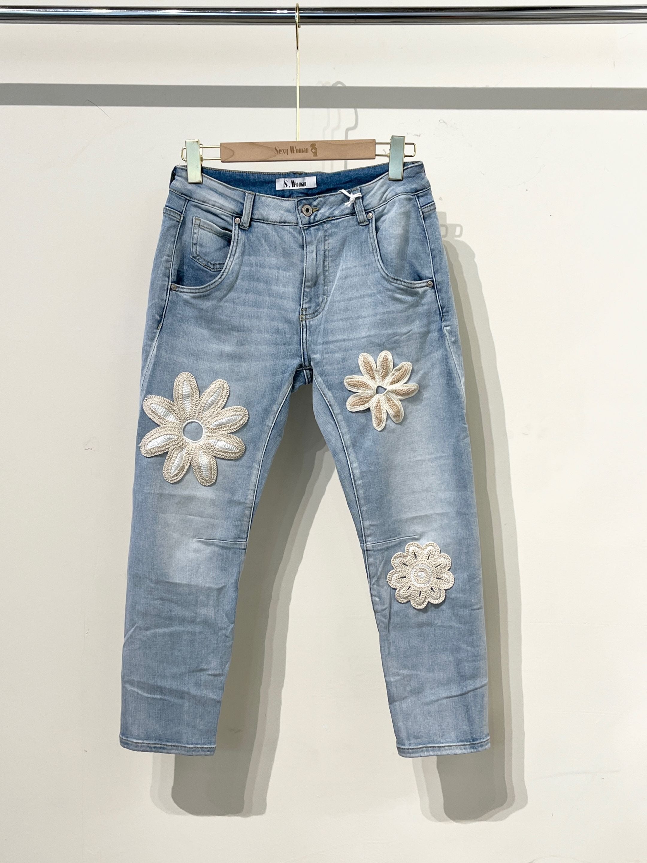 Sexy Woman Donna Jeans Flowers Denim Blå