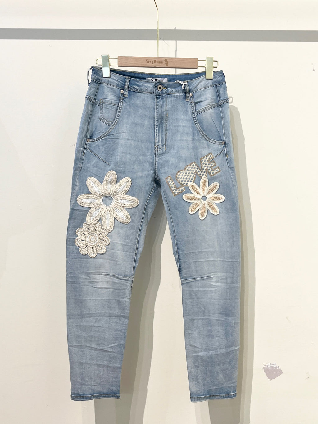 Sexy Woman Donna Jeans Love Flowers Denim Blå