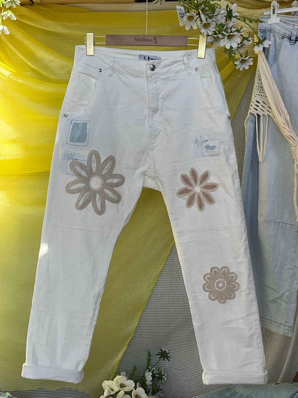 Sexy Woman Donna Jeans Blomster Hvid