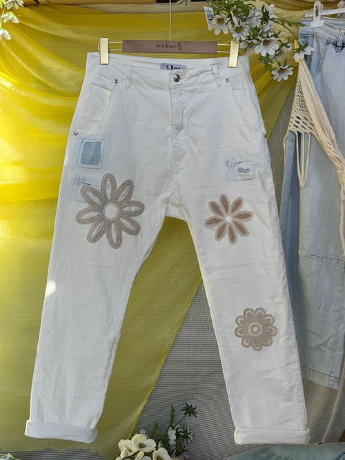 Sexy Woman Donna Jeans Blomster Hvid