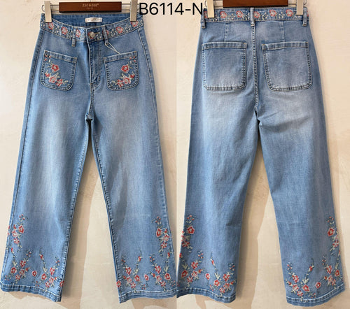 Zac & Zoe Jeans Blomster Broderi Lomme Denim Blå