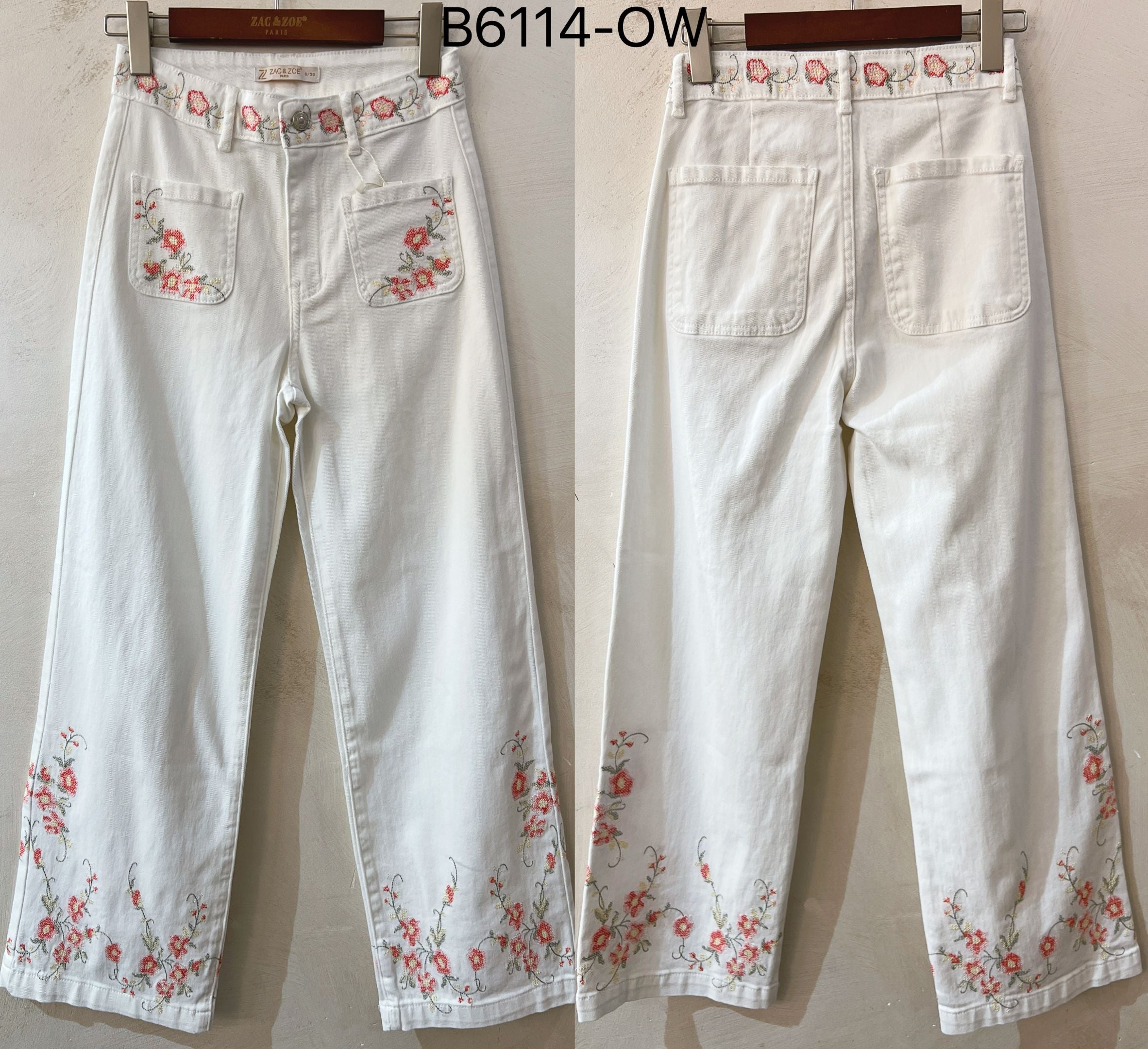 Zac & Zoe Jeans Blomster Broderi Lomme Ecru Hvid