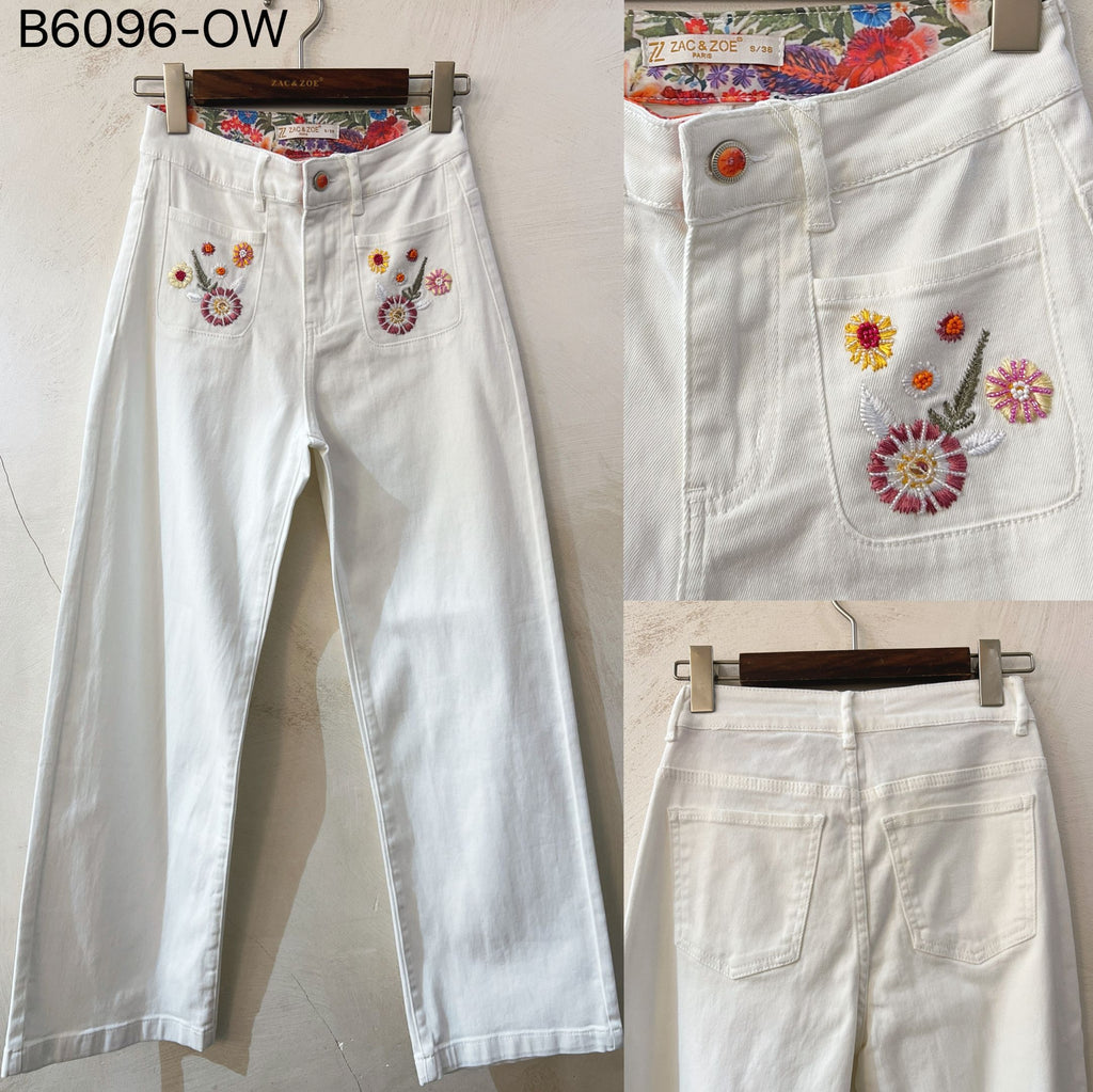 Zac & Zoe Jeans Blomster Broderi Ecru Hvid