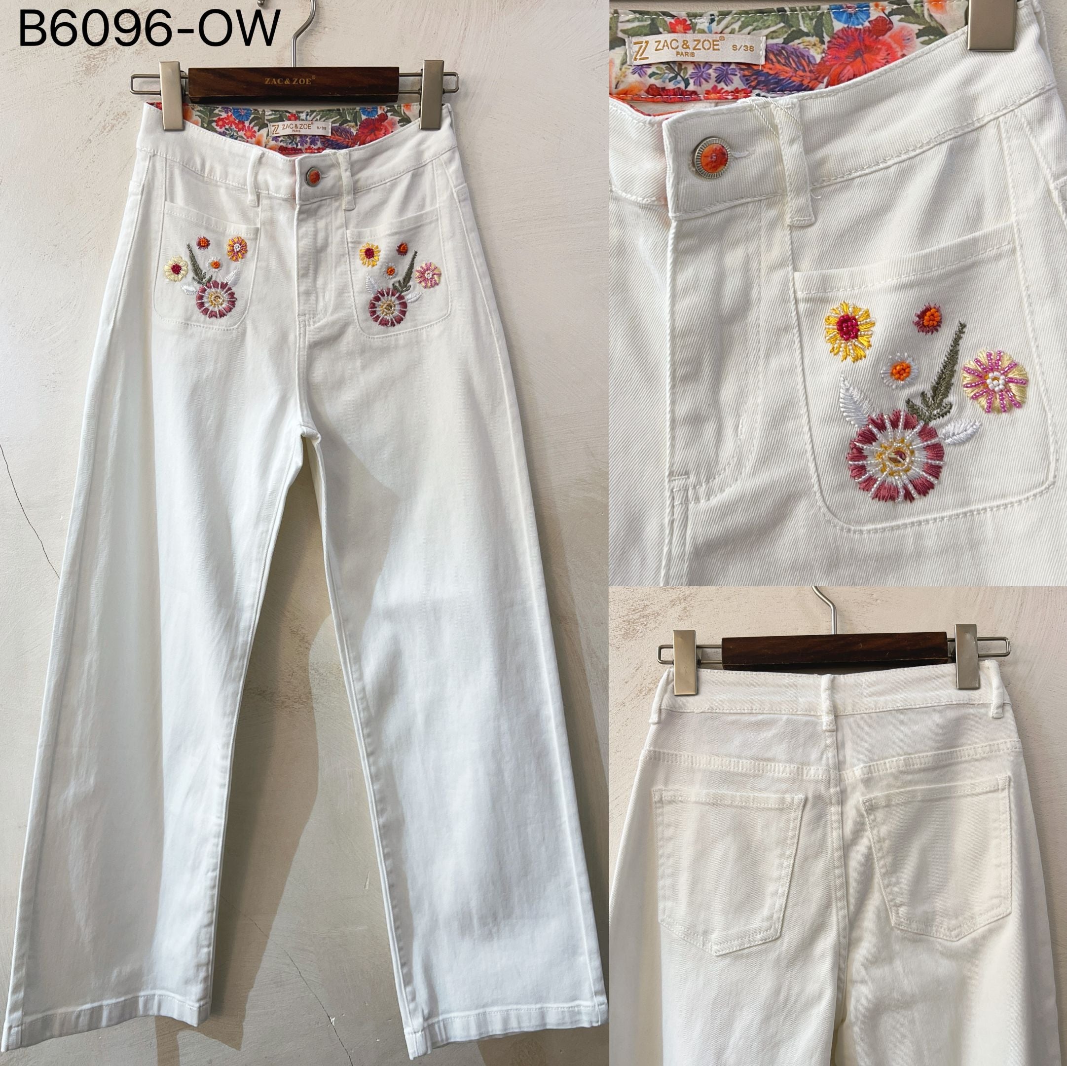 Zac & Zoe Jeans Blomster Broderi Ecru Hvid