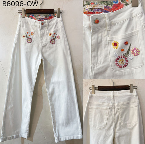 Zac & Zoe Jeans Blomster Broderi Ecru Hvid