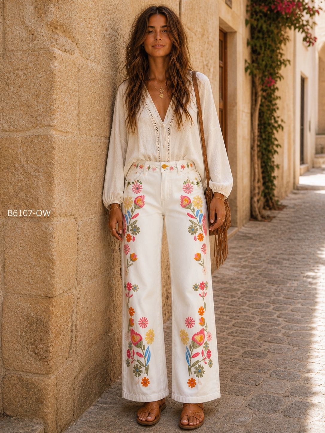 Zac & Zoe Jeans Blomster Broderi Ben Ecru Hvid